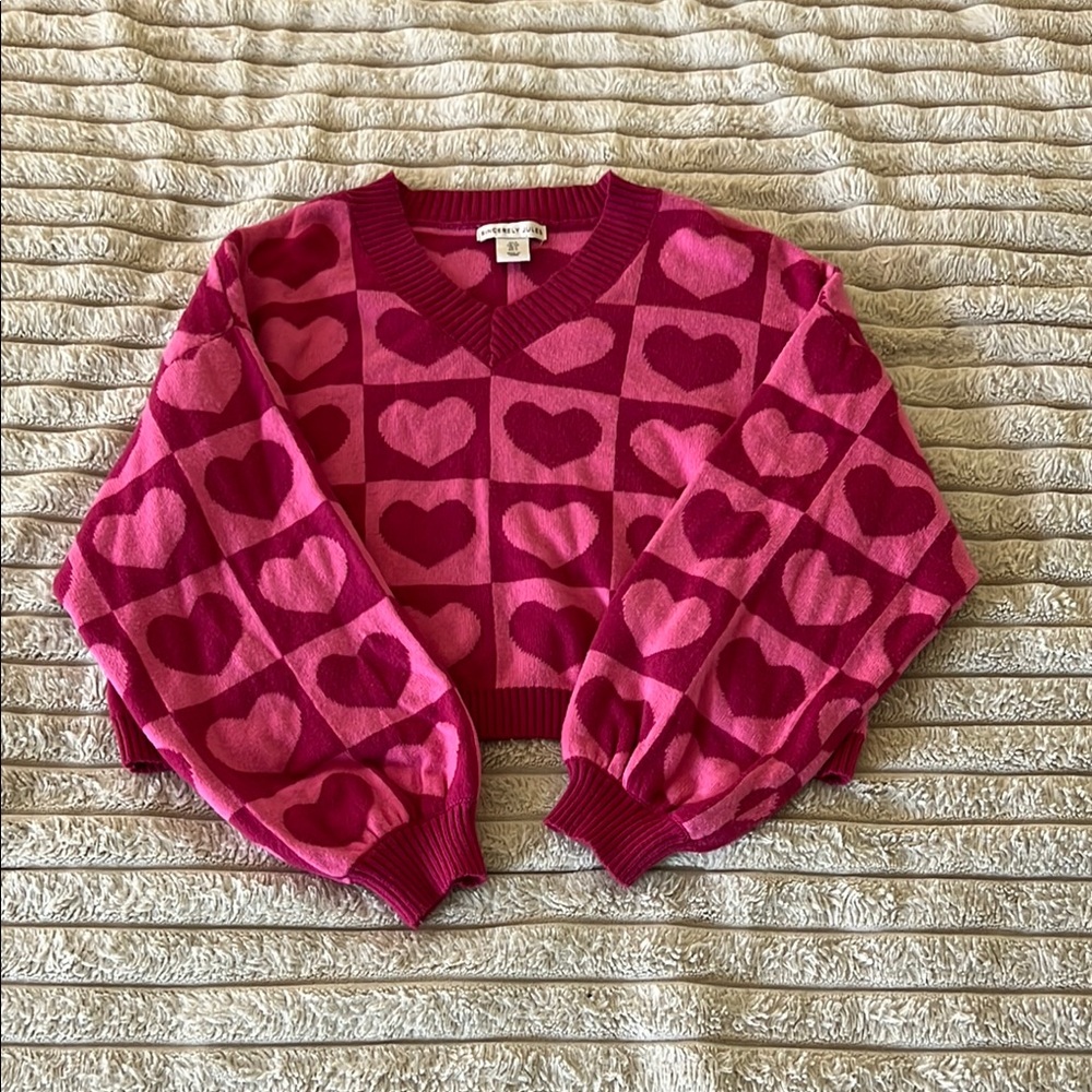 Sincerely Jules Pink V-Neck Sweater with Heart Pattern